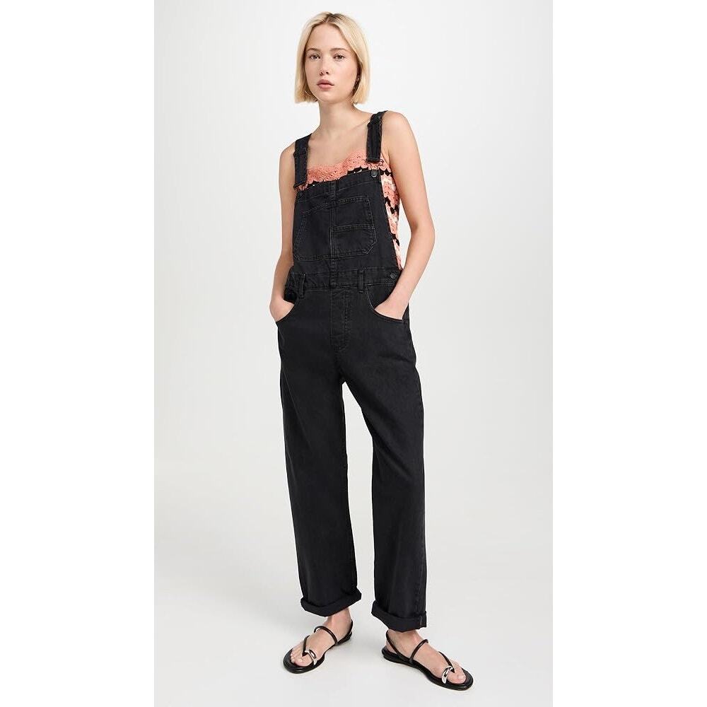 We The Free Gray Black Ziggy Overalls 90s Retro Casual Boho Cotton Women size XS